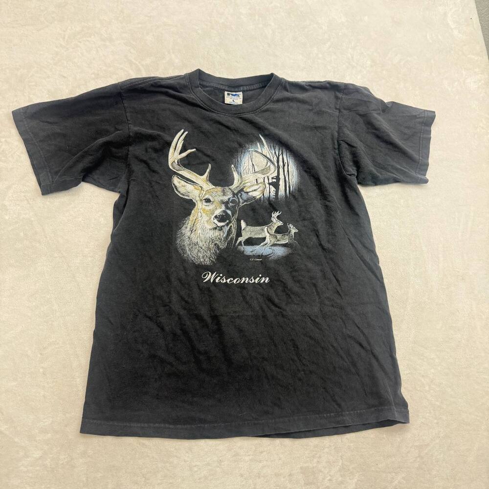 Wisconsin Deer Hunting Men's Black T-Shirt Size L Whitetail Buck Nature Graphic